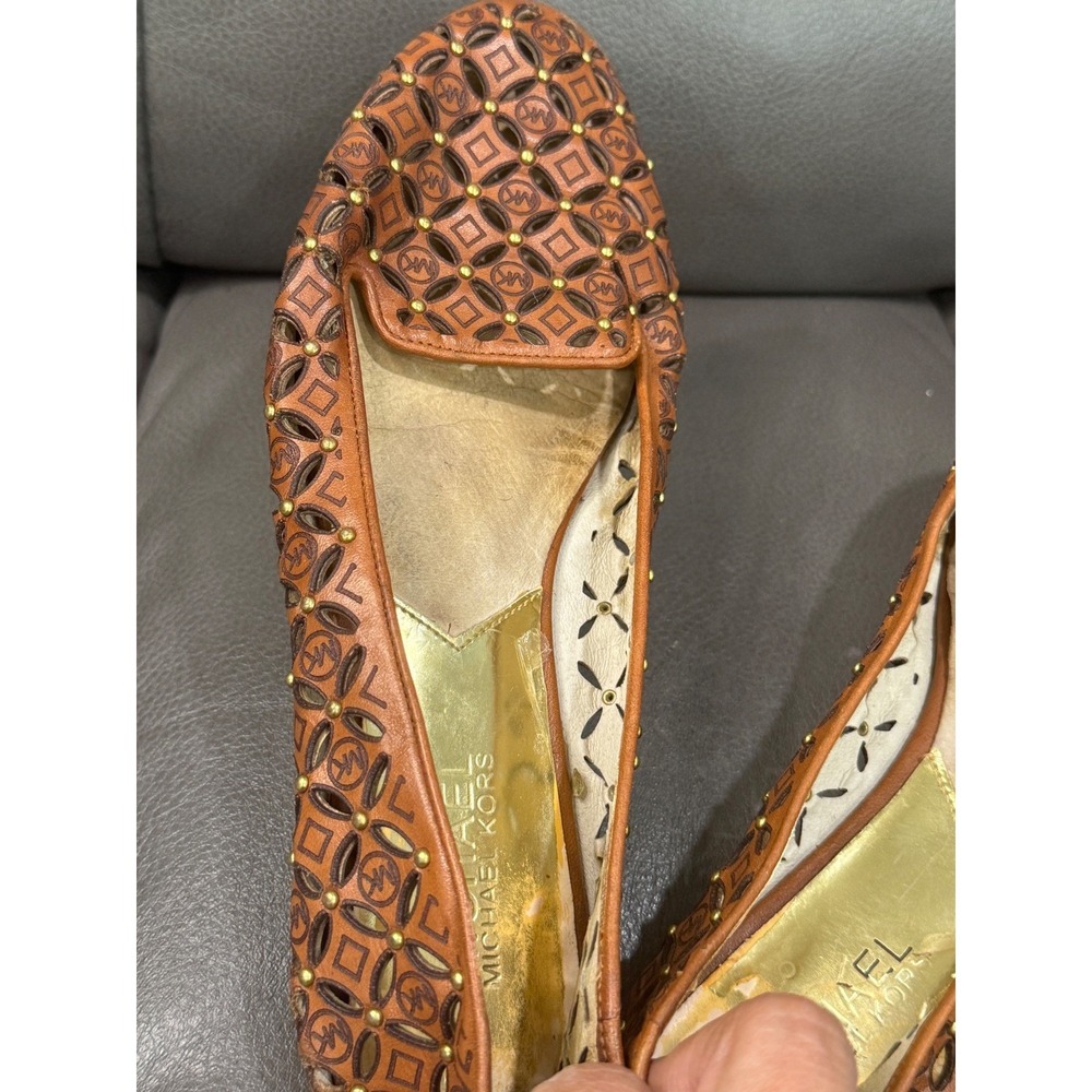 Michael Michael Kors Brown Leather Laser Cut Studded Loafers Flats Brown Gold - Picture 3 of 4